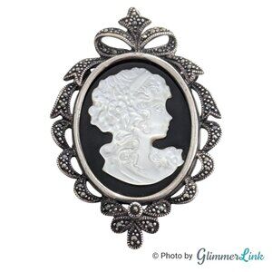 Vintage Sterling Marcasite Cameo Brooch Pendant - Mother of Pearl on Black Stone